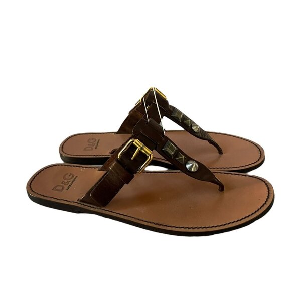 D&G Women's Brown Leather Studded Thong Sandals Made in Italy Size EUR 38.5 US 8 - Picture 3 of 8